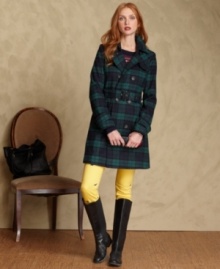 Tommy Hilfiger's cozy trench coat is made from a warm wool blend with an allover plaid print. Tommy Hilfiger's cozy trench coat is made from a warm wool blend with an allover plaid print.