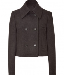 Sleek and sophisticated, this charcoal virgin wool jacket from Michael Kors is both chic and versatile - On trend, cropped double breasted cut with two rows of buttons and long, slim sleeves - Oversize collar and vertical pockets - Jacket hits above the hips - Pair with everything from a tank or button down and skinny jeans to wide leg trousers, pencil skirts and leather leggings Sleek and sophisticated, this charcoal virgin wool jacket from Michael Kors is both chic and versatile - On trend, cropped double breasted cut with two rows of buttons and long, slim sleeves - Oversize collar and vertical pockets - Jacket hits above the hips - Pair with everything from a tank or button down and skinny jeans to wide leg trousers, pencil skirts and leather leggings