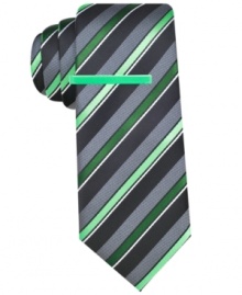 Diagonal stripes with a dash of minty color. Never forget to finish your evening attire with a bold tie by Alfani RED. Diagonal stripes with a dash of minty color. Never forget to finish your evening attire with a bold tie by Alfani RED.