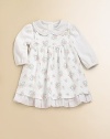 Sweet pastel bouquets adorn a graceful knit jumper, paired with a solid knit bodysuit with embroidery and ruffles. Jumper:Square necklineAdjustable button strapsGathered yoke, front and backSolid ruffled hem Bodysuit:Peter Pan collar with embroidery and ruffle trimLong puffed sleeves with band cuffsBack buttonsSnap bottomCottonMachine washImported