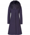 Work a luxurious note into your elegant outerwear wardrobe with Alberta Ferrettis rich purple fur-trimmed wool coat - Removable tonal fur collar, hidden front snaps, allover tiered seaming - Flared silhouette, tailored fit - Team with jet black separates and a finish of shimmering accessories