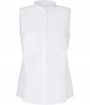 Chic sleeveless top in fine, white cotton - Classic, button down style is fitted and tapers at waist - Small stand-up collar and chest pocket, rounded hem - The details we love: delicate lace scalloping at sides, cinched belt at back - A perennially cool must in any wardrobe - Pair with skinny jeans and ballet flats or dress up with wide-leg trousers and platform pumps