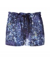 Stylish shorts of fine blue silk feature a cool, all-over print - Short and sexy cut, with pleats and casual drawstring waist - Side slit pockets and two small back pockets - Casual but stylish with a tank top and flip-flops, or with an oversize shirt and boots, or sexy with silk top and high heels