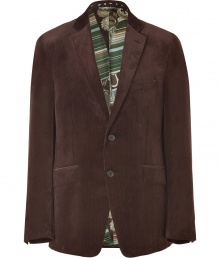 Channel 1970s-inspired style in this modernized corduroy blazer from Etro - Notched lapels, two-button closure, single chest pocket, flap pockets at waist, double back vent, paisley lining - Pair with slim trousers or jeans, a button down, and brogues Channel 1970s-inspired style in this modernized corduroy blazer from Etro - Notched lapels, two-button closure, single chest pocket, flap pockets at waist, double back vent, paisley lining - Pair with slim trousers or jeans, a button down, and brogues
