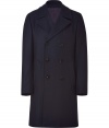 Stay warm while keeping your style sense with this long, lux coat in a dark blue wool blend - Classic with a modern spin, it features a slim silhouette that is pleasantly long - Double row of buttons and decorative pockets, traditional collar and long, moderately-wide sleeves - Adjusts to all outfits -- try with jeans and a cashmere pullover, or with a suit - Lifetime piece of high quality and timeless style