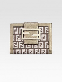 Organization is a stylish moment away with this signature canvas wallet with leather accents and silvertone hardware. Tab with magnetic snap closureOne magnetic flap pocketEight credit card slotsOne ID pocketTwo bill pocketsCanvas lining4HX 7½WX 1DMade in Italy Organization is a stylish moment away with this signature canvas wallet with leather accents and silvertone hardware. Tab with magnetic snap closureOne magnetic flap pocketEight credit card slotsOne ID pocketTwo bill pocketsCanvas lining4HX 7½WX 1DMade in Italy