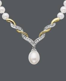 Create your own tradition. This classic style combines cultured freshwater pearls (5-10mm), sparkling round-cut diamonds (1 ct. t.w.) and a sterling silver and 14k gold setting for swirl-shaped perfection. Approximate length: 17 inches. Approximate pendant drop: 1/2 inch.