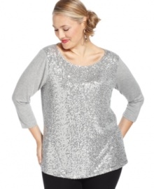 Shimmer this holiday season in Jones New York Signature's three-quarter-sleeve plus size top, flaunting a sequined front.