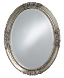 Feel like royalty in the presence of the Queen Ann oval mirror. Elegant flourishes and inner beading dressed in glistening silver leaf grace an antique-inspired frame. Feel like royalty in the presence of the Queen Ann oval mirror. Elegant flourishes and inner beading dressed in glistening silver leaf grace an antique-inspired frame.