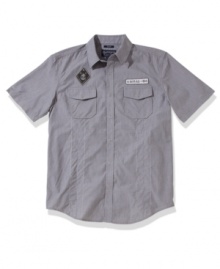 It comes in handy. Grab-and-go fashion and comfort take the work out of looking good with this short-sleeved, striped shirt from American Rag. It comes in handy. Grab-and-go fashion and comfort take the work out of looking good with this short-sleeved, striped shirt from American Rag.