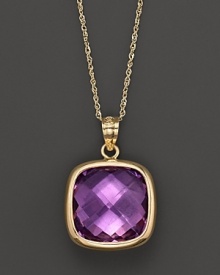 Cushion-cut amethyst pendant set in 14K yellow gold.