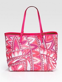 Poolside or beach side, this vibrant design with calfskin trim will certainly turn heads.Plastic double handlesInternal bag with chain16W X 11HMade in Italy Poolside or beach side, this vibrant design with calfskin trim will certainly turn heads.Plastic double handlesInternal bag with chain16W X 11HMade in Italy