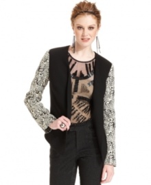 Bar III Front Row's open-front blazer features brocade sleeves and a solid bodice, for a trendy mixed media look. Dress it up with a beaded blouse, or keep it casual with jeans and a tee!