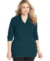 Buckle up a chic casual look with Debbie Morgan's plus size sweater, finished by a shawl collar.