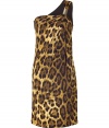 Luxe dress in fine, printed rayon stretch blend - Elegant, on-trend leopard motif in rich shades of brown and gold - Sleek, one shoulder bodice with asymmetric pleating and decorative metal embellishment - Fitted, feminine silhouette flatters every curve, hits above the knee - Sexy and sophisticated, perfect for parties and evenings out - Pair with a clutch and peep toe pumps or dressy sandals