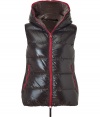 Add high style to your cold weather ensemble with this chic down vest from Duvetica - Contrasting front zip, hooded, zip pockets, quilted, fitted silhouette - Style with skinny jeans, a cashmere cardigan, and over-the-knee boots