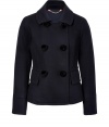 Tailored to perfection and finished with fun pom-pom snaps, Marc by Marc Jacobs navy pea coat is a chic take on timeless sophistication - Spread collar, long sleeves, double-breasted snapped front, black pom-poms, flapped pockets, pleated back with off-center vent - Tailored fit - Wear with trend-favorite printed pants and lace-up wedges