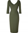 With its form-fitting silhouette and contemporary olive khaki hue, LWren Scotts stretch sheath is an exquisitely elegant choice - Deep V-neckline in front and back, 3/4 sleeves, hidden metal back zip - Sensuously form-fitting throughout - Team with sky-high platforms and a dusting of metallic accessories