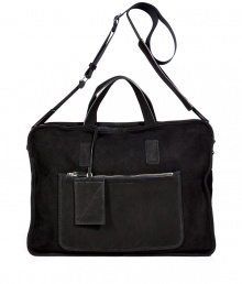 Detailed in jet black suede for that sleek urbane look, Marc by Marc Jacobs structured briefcase is a cool way to tote around your workweek essentials - Flat double top handles, removable adjustable nylon shoulder strap, luggage tag attached to handle, zippered front patch pocket, top zip closure - A manageable size perfect for carrying everyday Detailed in jet black suede for that sleek urbane look, Marc by Marc Jacobs structured briefcase is a cool way to tote around your workweek essentials - Flat double top handles, removable adjustable nylon shoulder strap, luggage tag attached to handle, zippered front patch pocket, top zip closure - A manageable size perfect for carrying everyday