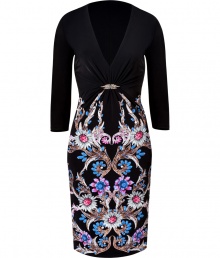 With a soft metallic shimmer and characteristic kaleidoscopic print, Roberto Cavallis printed jersey dress is both eye-catching and exquisite - V-neckline, 3/4 sleeves, blue enamel and white crystal embellished silver-toned brooch detail, pull-over style - Form-fitting - Wear with metallic pumps and a bright leather clutch