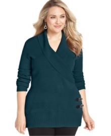 Buckle up a chic casual look with Debbie Morgan's plus size sweater, finished by a shawl collar.