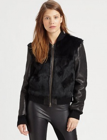Luxe rabbit fur paneling adds a primal touch to this lustrous leather jacket with rib-knit trim. Ribbed collarDyed rabbit fur panelsLong sleeves with rib-knit cuffsFront zipperDyed rabbit fur backAbout 22 from shoulder to hemLeather with dyed rabbit fur trimDry clean with leather specialistImportedFur origin: ChinaModel shown is 5'10 (177cm) wearing US size Small. Luxe rabbit fur paneling adds a primal touch to this lustrous leather jacket with rib-knit trim. Ribbed collarDyed rabbit fur panelsLong sleeves with rib-knit cuffsFront zipperDyed rabbit fur backAbout 22 from shoulder to hemLeather with dyed rabbit fur trimDry clean with leather specialistImportedFur origin: ChinaModel shown is 5'10 (177cm) wearing US size Small.
