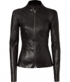 As supple as a second skin, Jitrois sleek leather jacket is a luxe investment guaranteed to streamline your look with a sharp urban edge - Stand-up collar, long sleeves, padded shoulders, two-way front zip, form-fitting - Pair with feminine dresses or sleek tailored separates