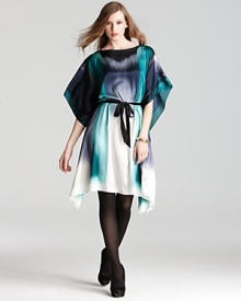 An azure watercolor palette shades the flowing stretch silk of this flowing Elie Tahari dress. Tie the look together with the attached sash and finish with coordinating tights. An azure watercolor palette shades the flowing stretch silk of this flowing Elie Tahari dress. Tie the look together with the attached sash and finish with coordinating tights.
