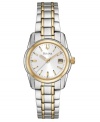 Harmonious style by Bulova. This watch features a goldtone and silvertone stainless steel bracelet and round case. White sunray dial with goldtone stick indices, logo and date window. Quartz movement. Water resistant to 30 meters. Three-year limited warranty.