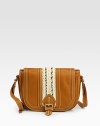 Rich calfskin in a trim, tailored crossbody design with contrast topstiching and macramé trim.Adjustable shoulder strap, 18¼-21½ dropMagnetic snap flap closeOne inside zip pocketCotton lining9¾W X 7H X 2DMade in Italy