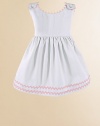An adorable look for a picnic or a portrait in lightweight cotton piqué with vibrant rick rack trim. Covered button shoulder closures High waist Cotton; machine wash Made in USA FOR PERSONALIZATION Select a quantity, then scroll down and click on PERSONALIZE & ADD TO BAG to choose and preview your personalization options.