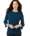 Karen Scott's petite sweater is a must-have for this season with its charismatic patchwork-knit style. (Clearance)