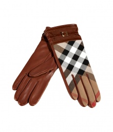 With an iconic look and soft silk lining, Burberry Londons checked gloves add an elegant polish to cool-weather looks - House check top, dark tan leather and suede cuff with belted strap, leather reverse, silk lining - Wear with a tailored wool coat, or a belted trench With an iconic look and soft silk lining, Burberry Londons checked gloves add an elegant polish to cool-weather looks - House check top, dark tan leather and suede cuff with belted strap, leather reverse, silk lining - Wear with a tailored wool coat, or a belted trench