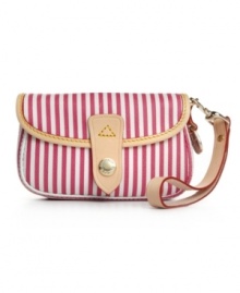 Sweet stripes decorate this charming wristlet for a nautical feel, just in time for warm weather. This iconic Dooney & Bourke bag is finished with goldtone hardware and an easy flap closure. Sweet stripes decorate this charming wristlet for a nautical feel, just in time for warm weather. This iconic Dooney & Bourke bag is finished with goldtone hardware and an easy flap closure.
