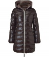 A sleek outer shell and elegant contrast trim lend this Duvetica down jacket its sporty and stylish edge - In a lighter weight, wind- and water-resistant dark brown polyamide - Slim cut fits close to the body for extra warmth and tapers through waist - Full zip, taupe fabric-lined hood and oversize diagonal zippered pockets at sides - Perfect for cold weather casual looks including jeans, cords, chinos and ski pants