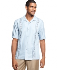 Step up your off-the-clock style with the effortless polish and casual ease of this sleek, fluid Cubavera shirt, detailed with handsome embroidery. (Clearance) Step up your off-the-clock style with the effortless polish and casual ease of this sleek, fluid Cubavera shirt, detailed with handsome embroidery. (Clearance)