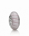 This candy-striped murano glass charm looks sweet enough to eat. Logo-engraved sterling silver trim displays the PANDORA signature.