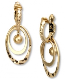 Golden glam. These Jones New York hoop earrings double down on fashion with multi-hoops and a ball pendant. Clip-on backing for non-pierced ears. Crafted in worn gold tone mixed metal. Approximate drop: 1 inch. Golden glam. These Jones New York hoop earrings double down on fashion with multi-hoops and a ball pendant. Clip-on backing for non-pierced ears. Crafted in worn gold tone mixed metal. Approximate drop: 1 inch.