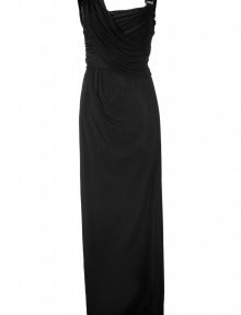 Luxurious evening dress in black viscose - A sexy fit that hugs the wearers body - Subtle draping and folds make this dress a glamorous, grand event gown - Wide straps, adorned on one side with decorative stones - High waisted, floor-length skirt, the cut is slim, magically makes a dreamy slim, statuesque silhouette - A dream of a dress perfect for a grand entrance - With silver or gold sandals and a clutch in the same color