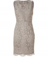 A stylish alternative to the LBD, this neutral-hued lace frock is undeniably chic - V-neck, sleeveless, solid underlay, sheer lace overlay, fitted silhouette, concealed side zip closure - Wear with sky-high platforms and a statement clutch