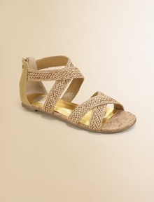 She'll get her kicks in this woven look with criss-cross straps, cork sole and a goldtone back zipper.Back zipper closurePolyurethane upperPolyurethane liningSynthetic soleLightly padded insoleImported She'll get her kicks in this woven look with criss-cross straps, cork sole and a goldtone back zipper.Back zipper closurePolyurethane upperPolyurethane liningSynthetic soleLightly padded insoleImported