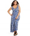 Relax in the stylish comfort of INC's sleeveless plus size maxi dress, highlighted by a vivid print.