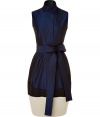 Luxe sleeveless dress in fine, cotton and synthetic fiber blend - Elegant, on-trend colorblocking in shades of midnight blue, black and cream - Chic m?lange of multi-texture fabrics - Slim silhouette tapers at waist - Stand-up collar, oversize bow tie belt at waist - Fashionable tulip-style skirt hits just above the knee - Modern and glamorous, ideal for parties and evenings out - Pair with strappy sandals or platform pumps