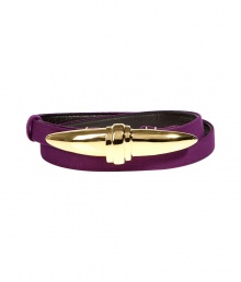 Punctuating your wardrobe with sleek sophistication is a cinch with Donna Karans violet-hued skinny belt - Luxuriously crafted in viscose and supple black calf leather - On trend, adjustable slim style with glamorous gold brooch buckle - A bold and polished compliment to streamlined ensembles - Pair with a crisp white button down and leather leggings, or with a pencil skirt and long cashmere cardigan Punctuating your wardrobe with sleek sophistication is a cinch with Donna Karans violet-hued skinny belt - Luxuriously crafted in viscose and supple black calf leather - On trend, adjustable slim style with glamorous gold brooch buckle - A bold and polished compliment to streamlined ensembles - Pair with a crisp white button down and leather leggings, or with a pencil skirt and long cashmere cardigan