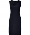 A chic choice for taking from work to cocktails, Steffen Schrauts lambskin detailed sheath is as contemporary as it is sleek - Asymmetrical neckline with knotted twist, sleeveless, black lambskin trim, hidden back zip, kick pleat - Tailored fit - Wear with a cashmere cardigan and heels