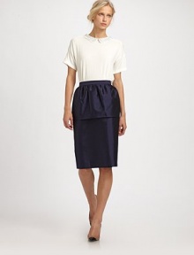 A sleek and stunning pencil silhouette, expertly tailored with a tulip peplum detail and strategic ruching for an ultra-flattering fit.WaistbandPeplum detail at waistConcealed back zip closureAbout 26 from natural waistFully lined56% silk/44% woolDry cleanImportedModel shown is 5'11 (180cm) wearing US size 4.This style runs true to size. We recommend ordering your usual size for a standard fit. A sleek and stunning pencil silhouette, expertly tailored with a tulip peplum detail and strategic ruching for an ultra-flattering fit.WaistbandPeplum detail at waistConcealed back zip closureAbout 26 from natural waistFully lined56% silk/44% woolDry cleanImportedModel shown is 5'11 (180cm) wearing US size 4.This style runs true to size. We recommend ordering your usual size for a standard fit.