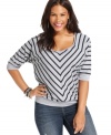 Look sensational in stripes with Belle Du Jour's three-quarter-sleeve plus size sweater, featuring a cutout back!