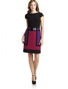 THE LOOKSolid jersey bodiceTextured colorblock skirtJewelneckCap sleevesRemovable contrast belt with buckleSide zipperTHE FITAbout 35 from shoulder to hemTHE MATERIALPolyester/spandexFully linedCARE & ORIGINDry cleanImportedModel shown is 5'9 (175cm) wearing US size 4. 