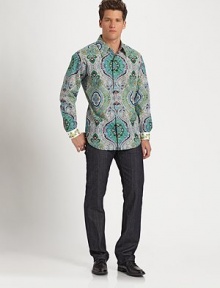 A playful paisley pattern adorns this pure cotton, classic sportshirt with contrast trim on the placket and cuffs.Button-frontPoint collarCottonDry cleanImported A playful paisley pattern adorns this pure cotton, classic sportshirt with contrast trim on the placket and cuffs.Button-frontPoint collarCottonDry cleanImported