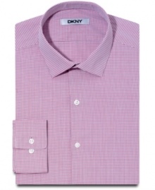 Prints charming. With a mini-check, this slim-fit dress shirt from DKNY goes with a minimalist pattern for maximum appeal. Prints charming. With a mini-check, this slim-fit dress shirt from DKNY goes with a minimalist pattern for maximum appeal.